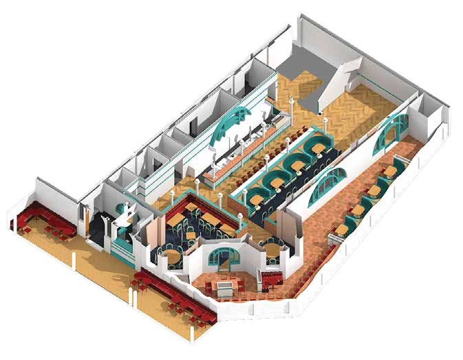 Isometric floor plan of Seamore's showing the main bar, private bar, dance floor and DJ booth, elevator and outdoor balcony